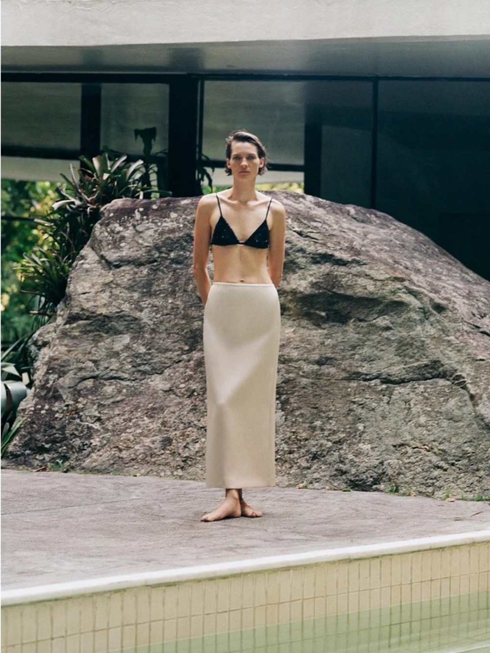 Zara ZW COLLECTION SATIN PENCIL SKIRT Ivory